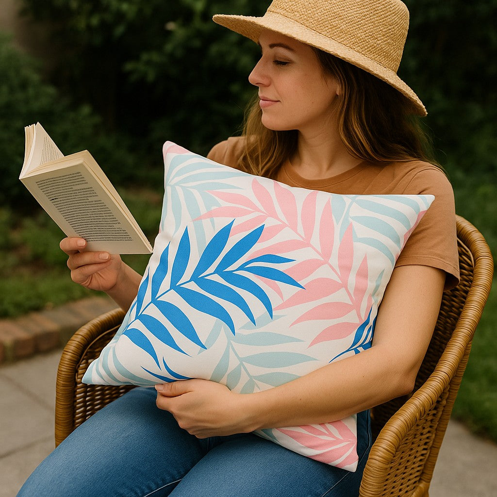 Tropiskt palmblad Kuddfodral Rosa Blå - Utomhus Trädgård Patio 50×50 cm Vattenresistent Dralon Polyester Tryck