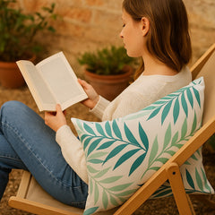 Multicolour palm leaf cushions styled outdoors — garden patio sofa scatter pillows in use