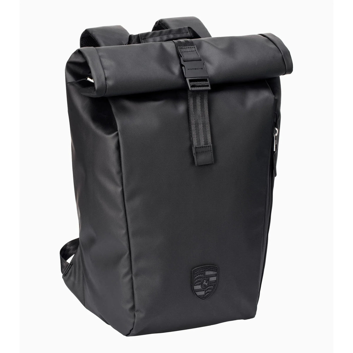 Porsche 911 roll-top backpack in black, front view with the 3D Porsche Crest and clip-closure roll top