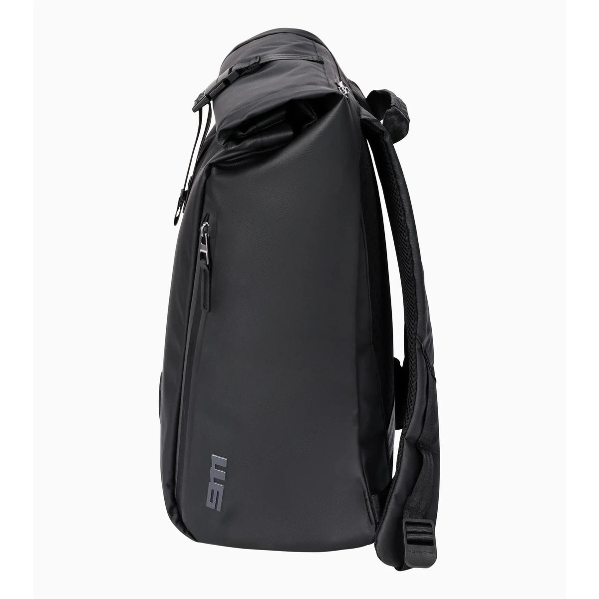 Black Porsche roll-top laptop backpack, side view with the '911' logo and side zip