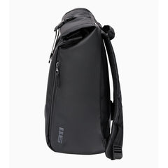 Black Porsche roll-top laptop backpack, side view with the '911' logo and side zip