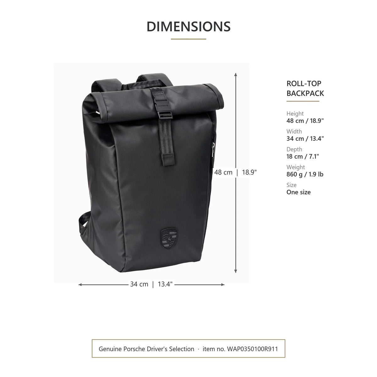Porsche 911 roll-top backpack size: 48 cm high, 34 cm wide, 18 cm deep, weight 860 g