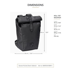 Porsche 911 roll-top backpack size: 48 cm high, 34 cm wide, 18 cm deep, weight 860 g