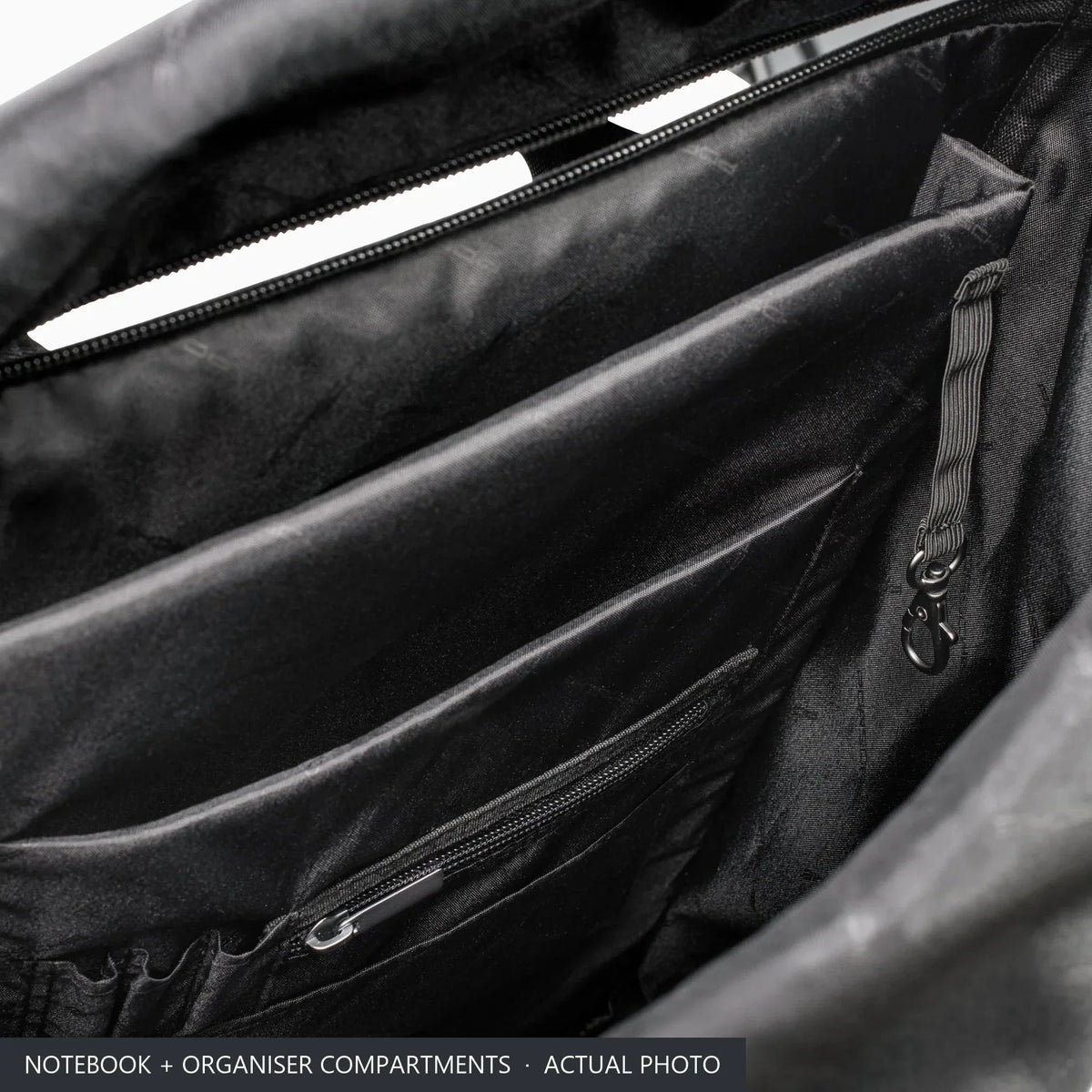 Inside the Porsche roll-top backpack: separate padded notebook compartment, organiser pockets and key clip