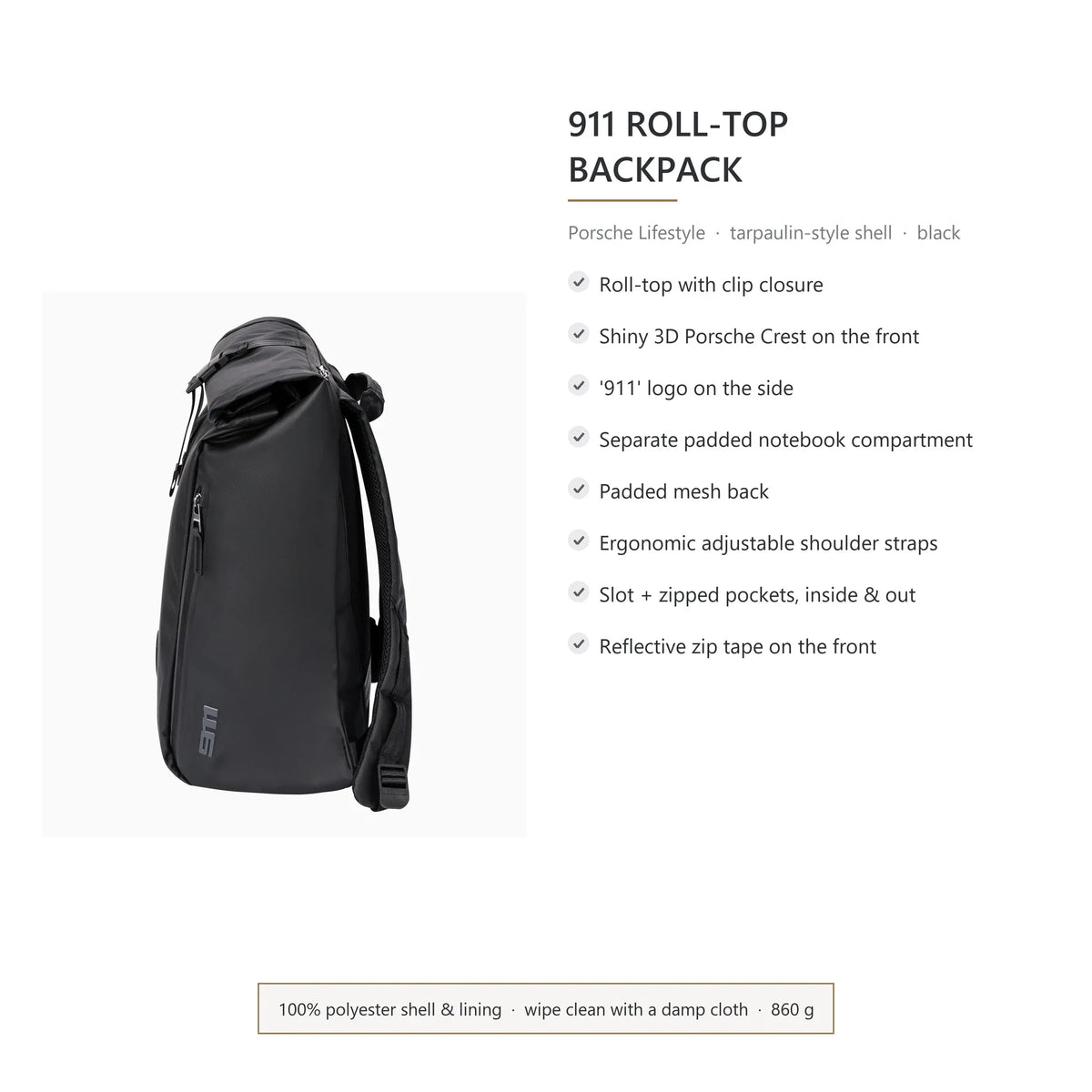 Porsche 911 roll-top backpack features: clip roll top, notebook compartment, padded mesh back