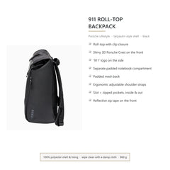 Porsche 911 roll-top backpack features: clip roll top, notebook compartment, padded mesh back