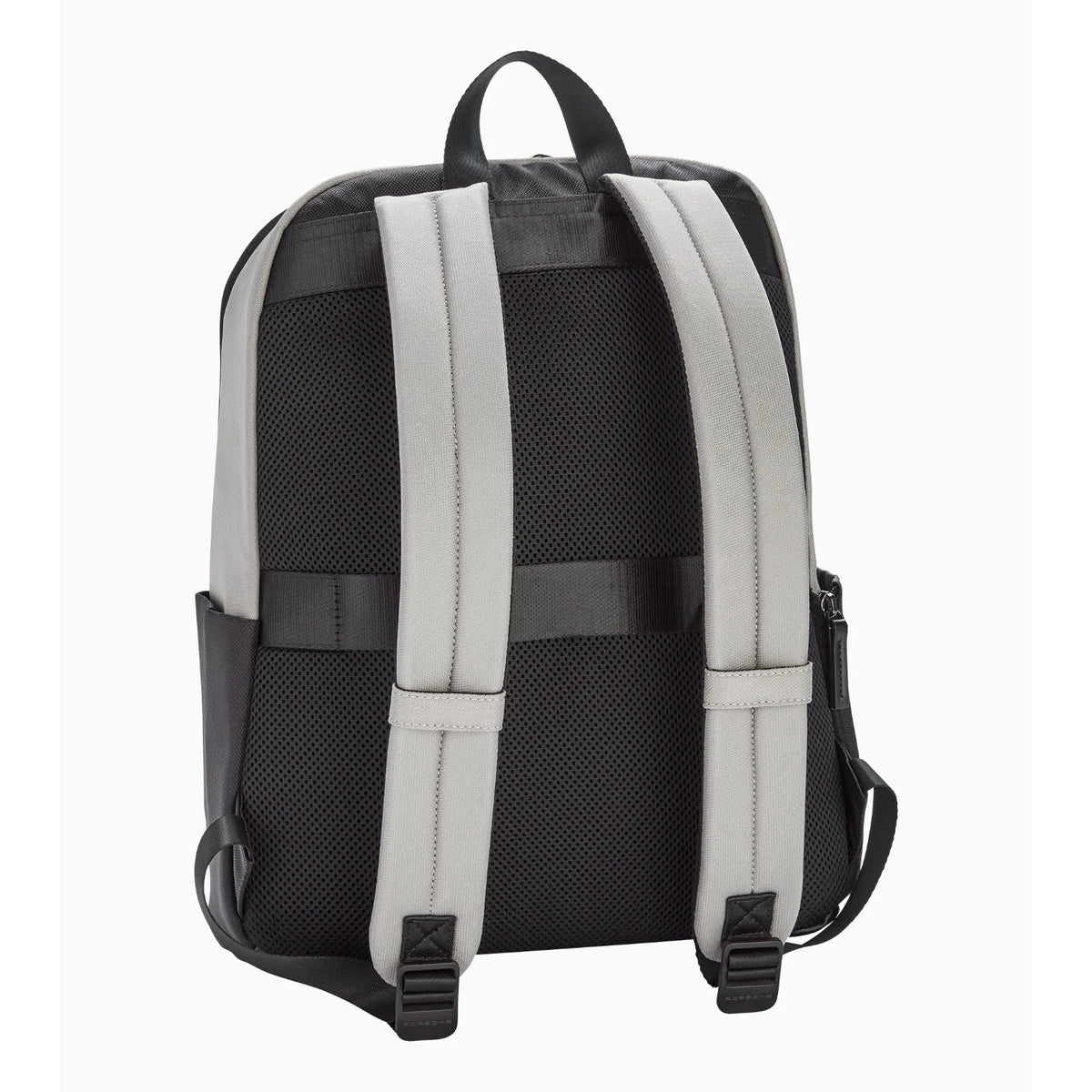Back of the grey Porsche laptop backpack with padded mesh panel, adjustable straps and trolley sleeve