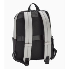 Back of the grey Porsche laptop backpack with padded mesh panel, adjustable straps and trolley sleeve