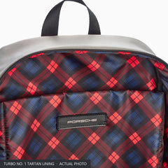 Tartan check lining inside the Porsche Turbo No. 1 rucksack with the PORSCHE badge