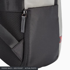 Padded back and black side pocket of the grey Porsche travel backpack
