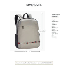 Porsche laptop backpack dimensions: 42 cm high, 33 cm wide and 16 cm deep, 550 g