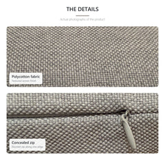 Close-up of the neutral polycotton weave and concealed zip on the beige lumbar cushion