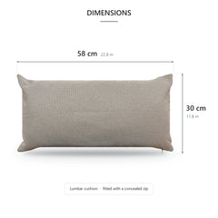 Beige lumbar cushion dimensions graphic, 58 x 30 cm (22.8 x 11.8 in) with the concealed zip