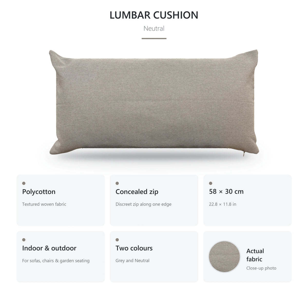 Neutral lumbar cushion feature panel: polycotton fabric and concealed zip in a 58 x 30 cm size