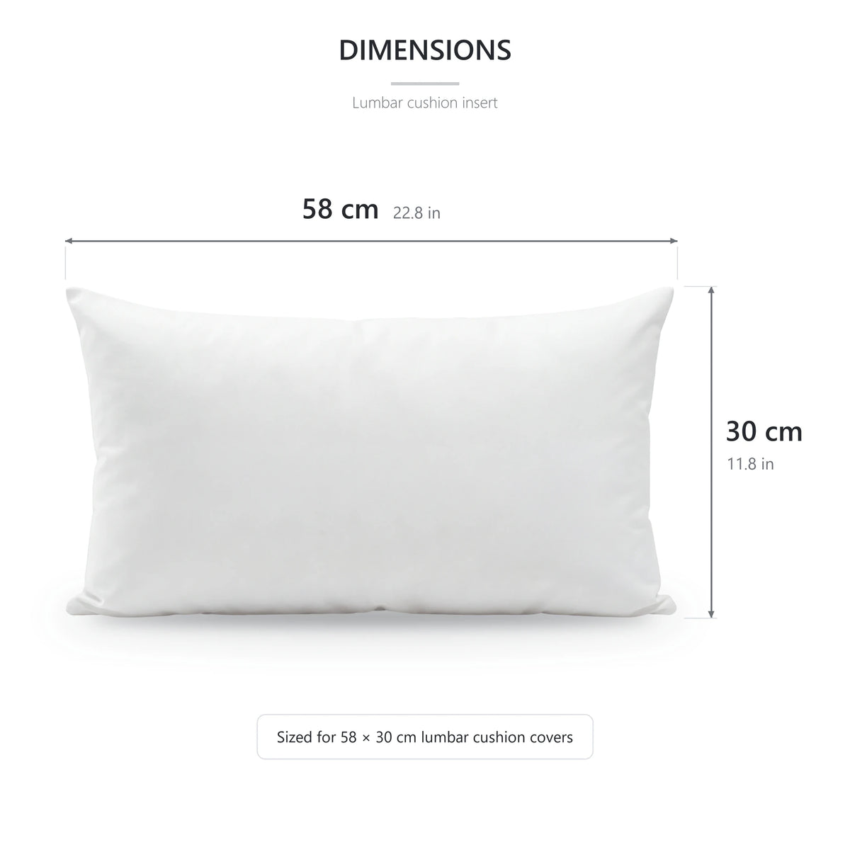 Lumbar cushion insert size graphic, 58 x 30 cm (22.8 x 11.8 in), made for the beige cover