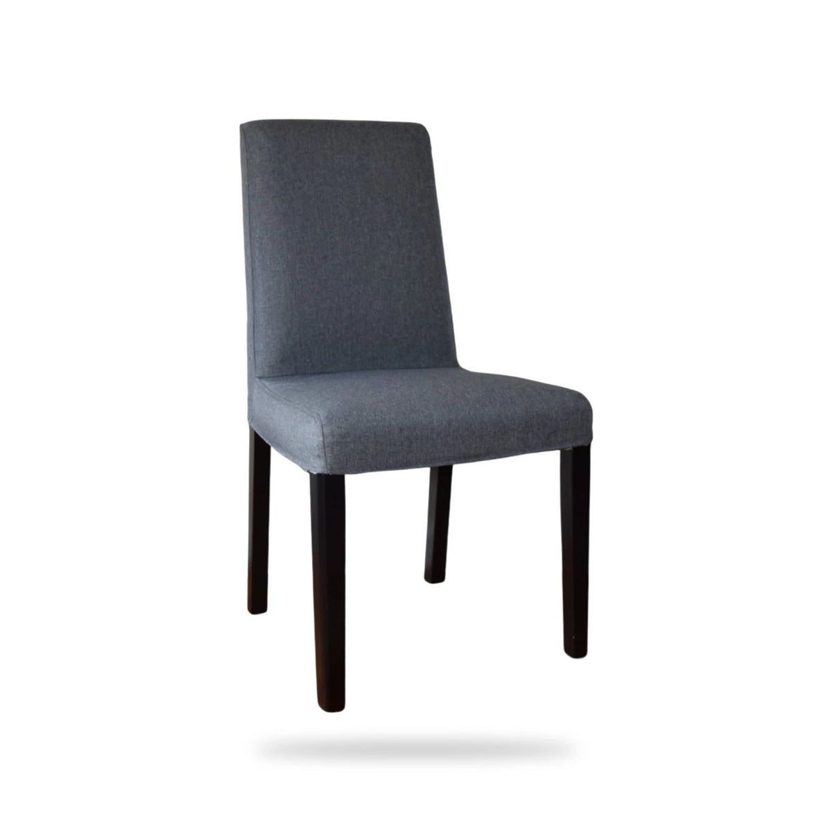 Graphite grey IKEA Bergmund dining chair cover fitted on the chair, front three-quarter view