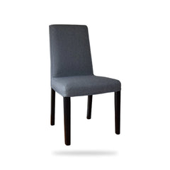 Graphite grey IKEA Bergmund dining chair cover fitted on the chair, front three-quarter view