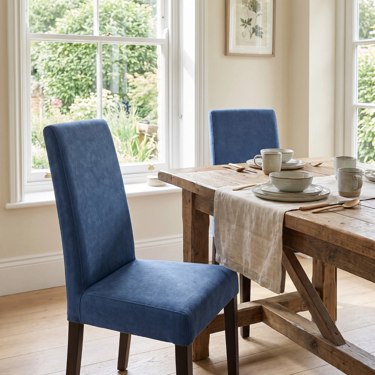 IKEA Bergmund chairs in denim blue replacement covers at a farmhouse dining table