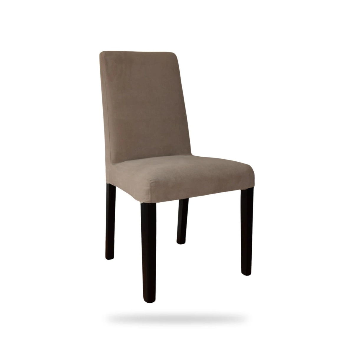 Beige taupe IKEA Bergmund dining chair cover fitted on the chair, front three-quarter view