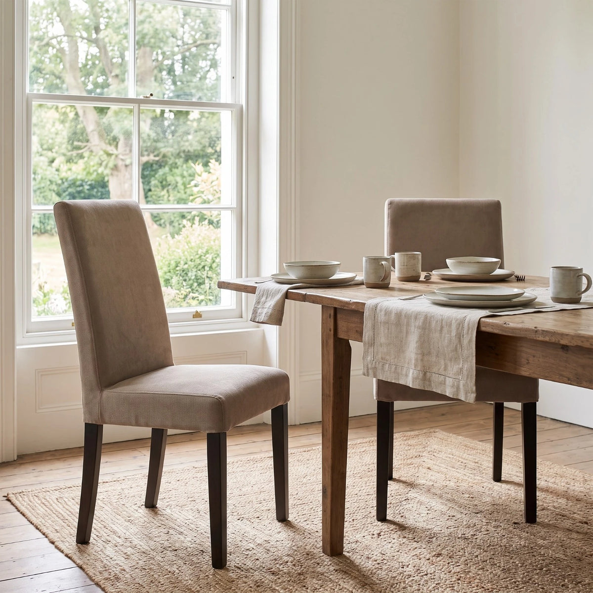 IKEA Bergmund chairs in beige taupe replacement covers at a farmhouse dining table