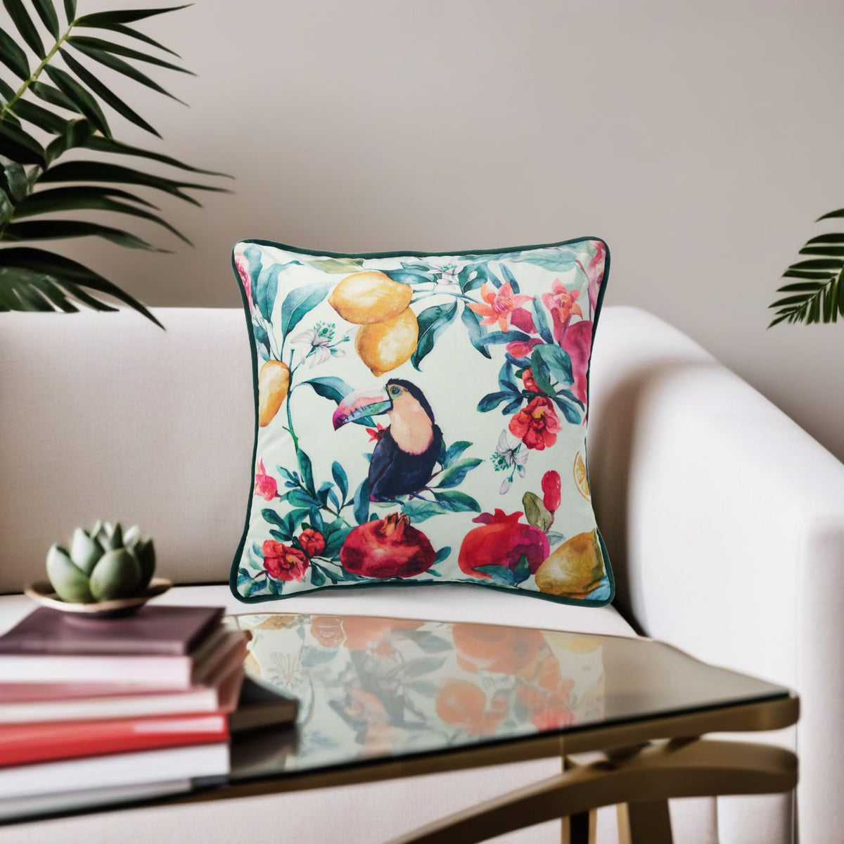 Toucan cushion cover on a white sofa behind a glass coffee table with books and a succulent