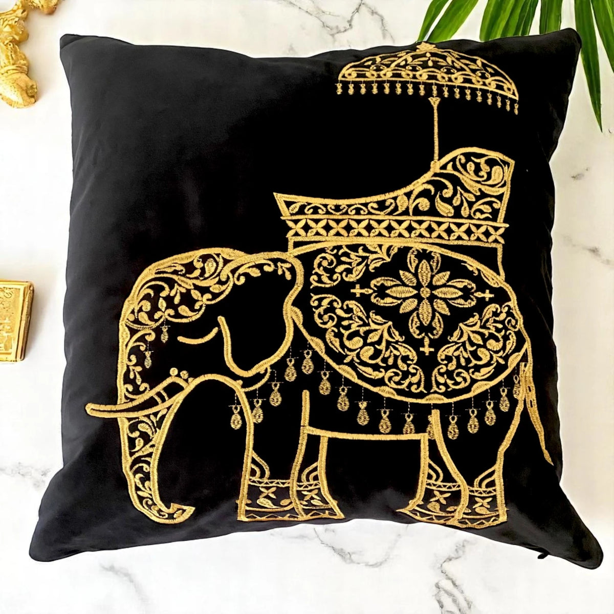 Black velvet elephant cushion cover with gold embroidery, 50 x 50 cm, angled view