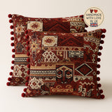 Boho Patchwork Kuddfodral Set om 2 - Pompom Trim 50×50 cm Handgjord UK, Burgundy & Cream