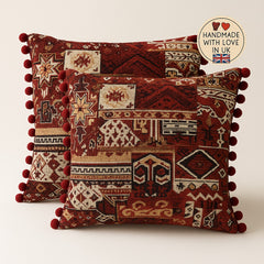Boho patchwork cushion covers, set of 2 in Burgundy & Cream — pom-pom trim, 50 cm bohemian scatter pillows