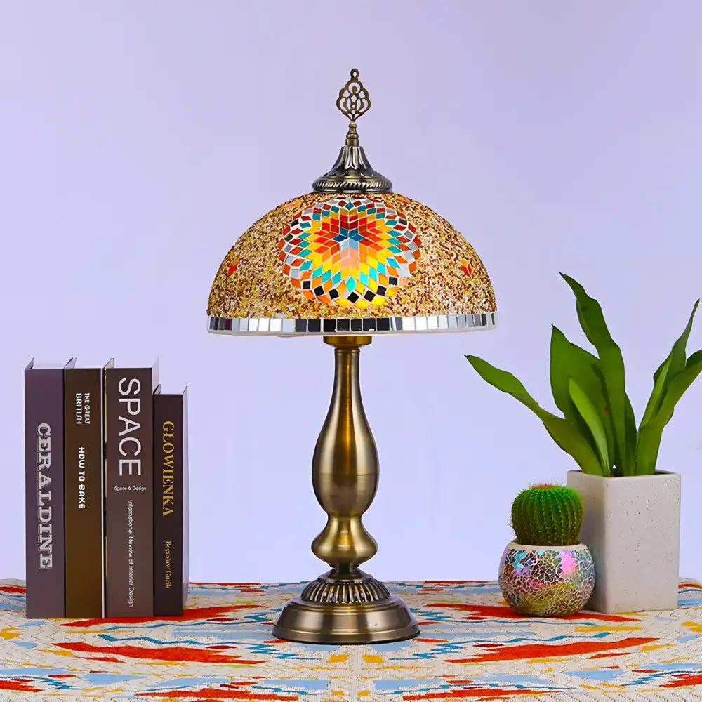 Tiffany-style stained glass table lamp — multicolour bohemian bedside light with beads and tassels