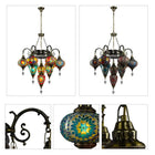 Multi-colour mosaic globe chandelier — 8 lamps, Moroccan-style ceiling centrepiece