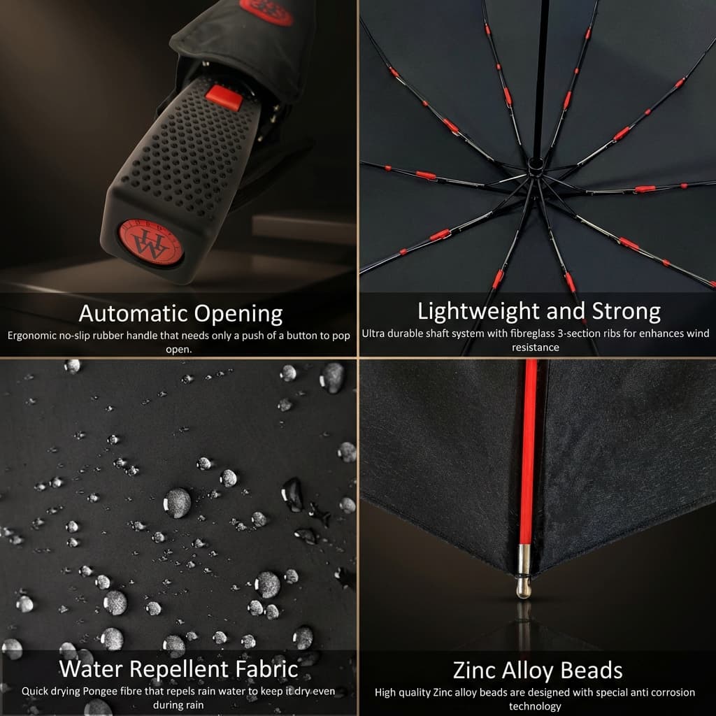 Parapluie automatique de luxe coupe-vent résistant anti-UV noir Brolly par Hidewise London