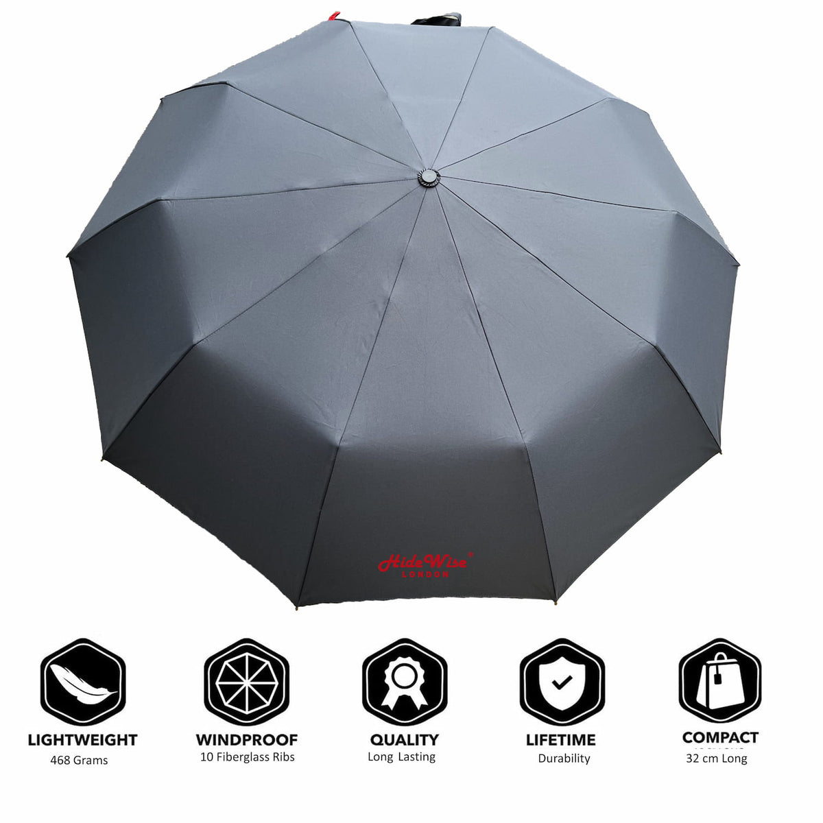 Parapluie coupe-vent automatique de luxe résistant anti-UV gris par Hidewise London